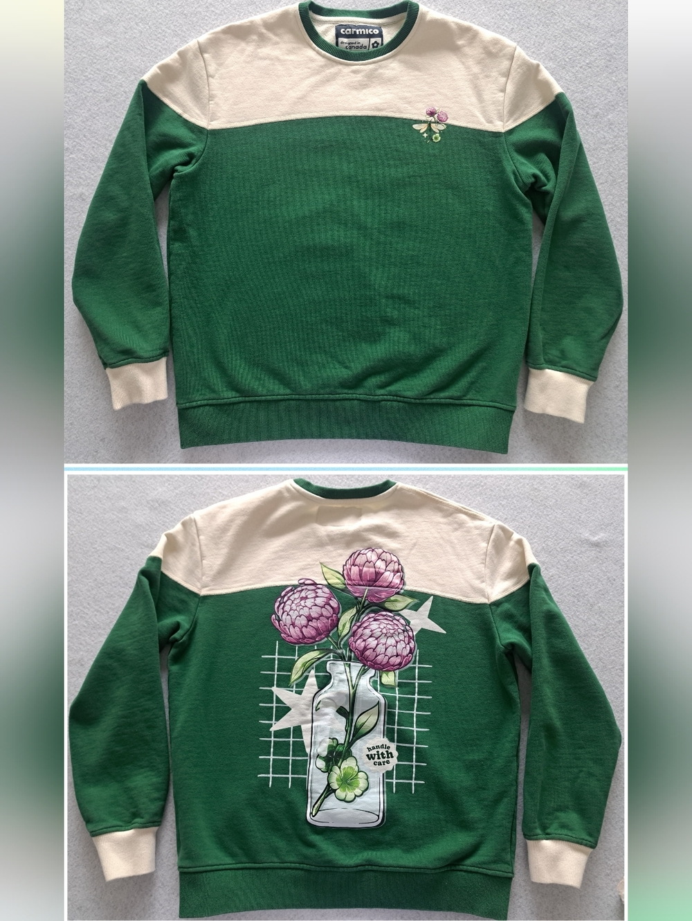 Carmico 100% Cotton Lucky 4 Leaf Clover With Dragonfly Sweatshirt Green Cream